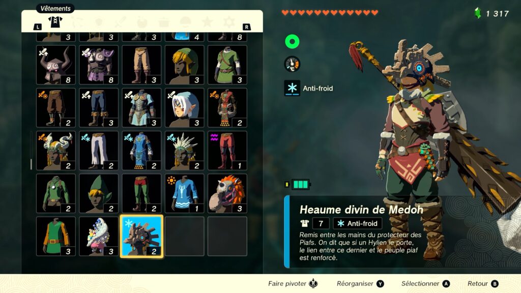 zelda tears of the kingdom, totk, astuce, guide, soluce, toutes les tenues, nintendo siwtch oled, tenue heaume divin de medoh