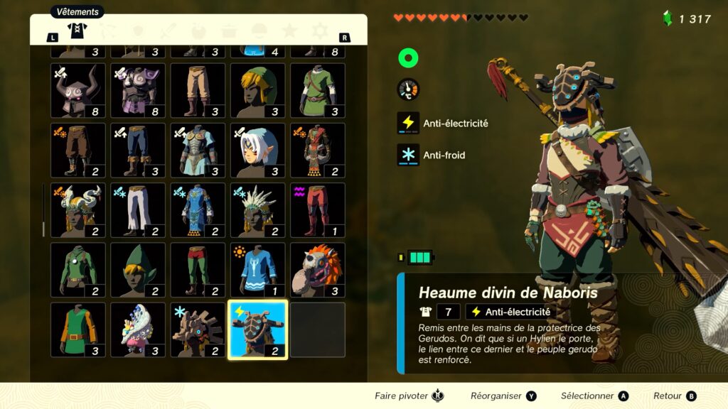 zelda tears of the kingdom, totk, astuce, guide, soluce, toutes les tenues, nintendo siwtch oled, tenue heaume divin de naboris