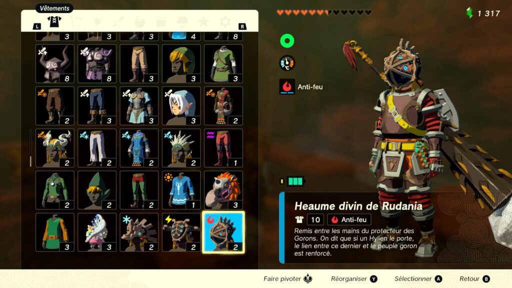 zelda tears of the kingdom, totk, astuce, guide, soluce, toutes les tenues, nintendo siwtch oled, tenue heaume divin de rudania