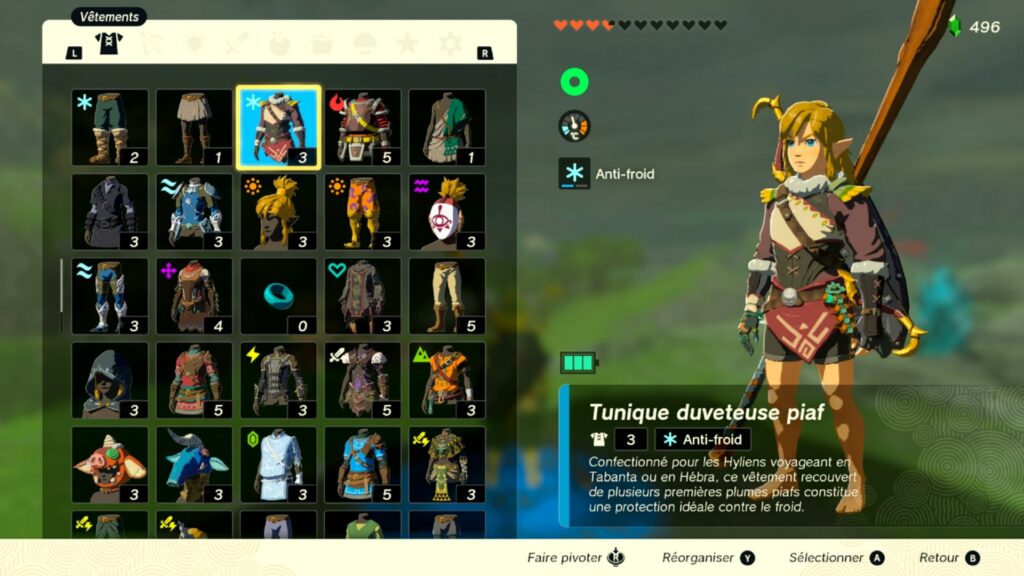 zelda tears of the kingdom, totk, astuce, guide, soluce, toutes les tenues, nintendo siwtch oled, tenue duveteuse piaf