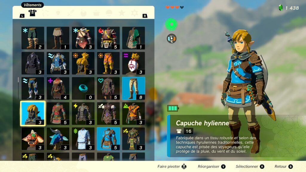 zelda tears of the kingdom, totk, astuce, guide, soluce, toutes les tenues, nintendo siwtch oled, tenue baisser capuche hylienne