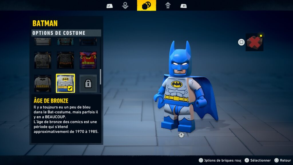 Lego Batman costume obtenir heritage legacy dark night soluce guide solution astuce jeu age bronze