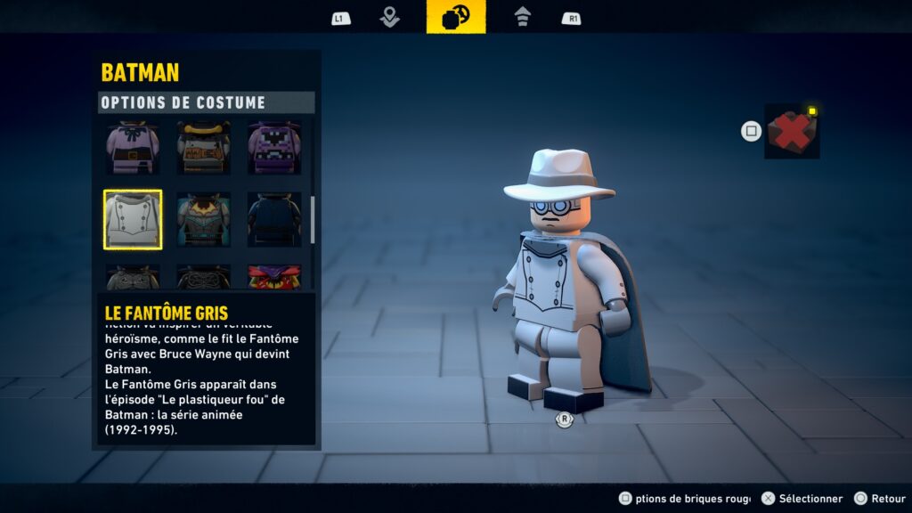 Lego Batman costume obtenir heritage legacy dark night soluce guide solution astuce jeu fantome gris