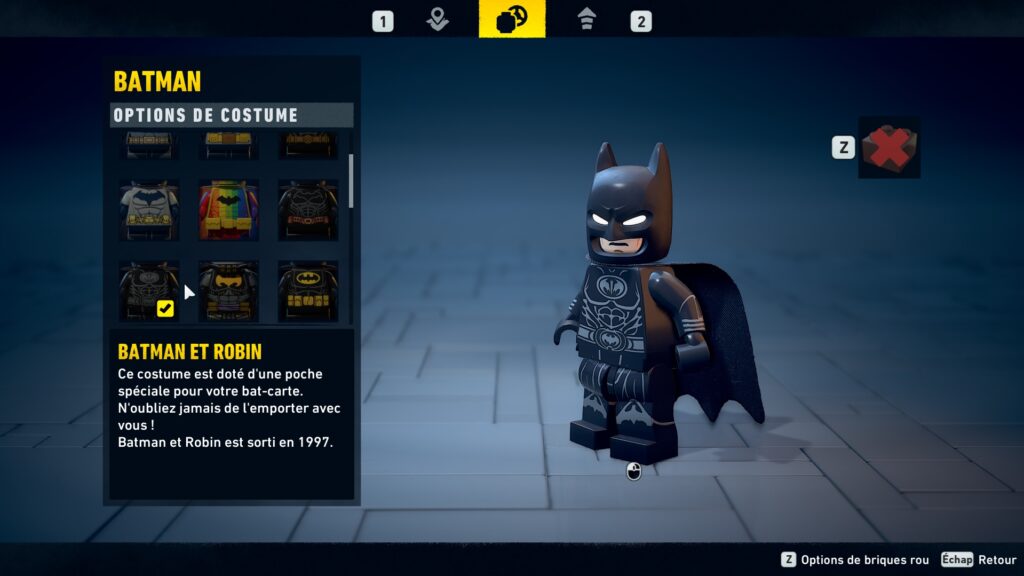 Lego Batman costume obtenir heritage legacy dark night soluce guide solution astuce jeu batman et robin