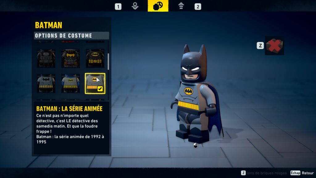 Lego Batman costume obtenir heritage legacy dark night soluce guide solution astuce jeu serie