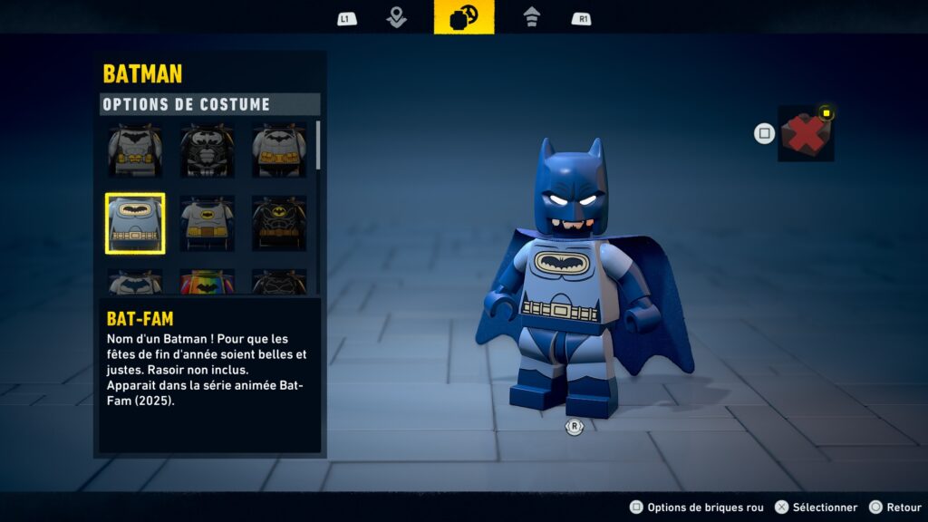 Lego Batman costume obtenir heritage legacy dark night soluce guide solution astuce jeu batfam