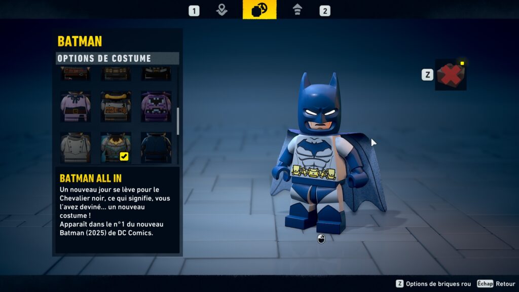 Lego Batman costume obtenir heritage legacy dark night soluce guide solution astuce jeu all in