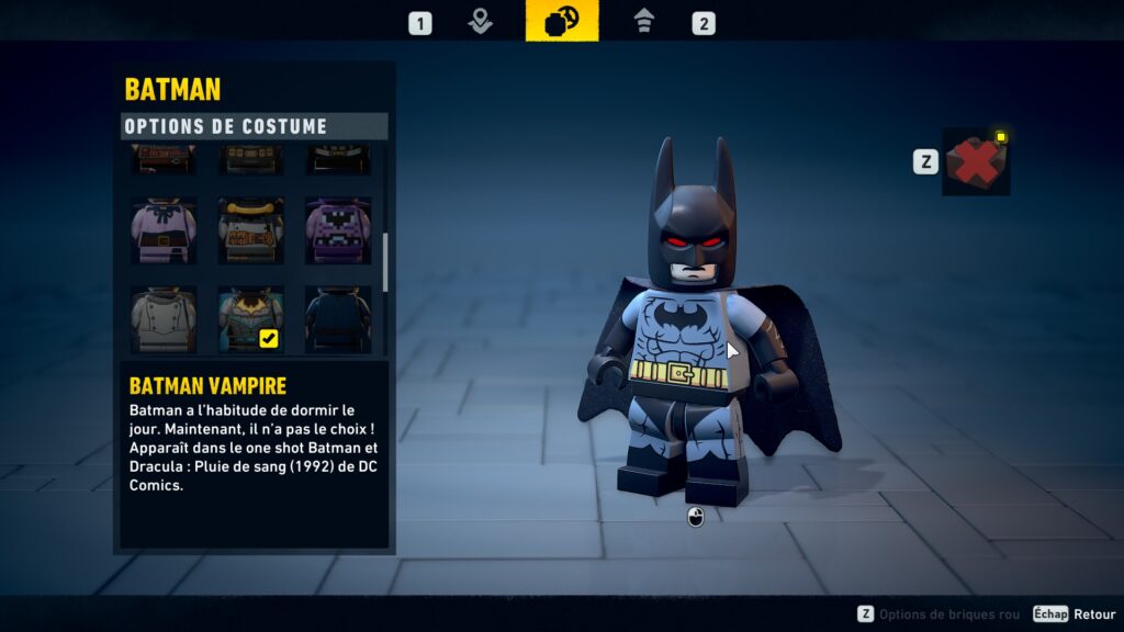 Lego Batman costume obtenir heritage legacy dark night soluce guide solution astuce jeu vampire