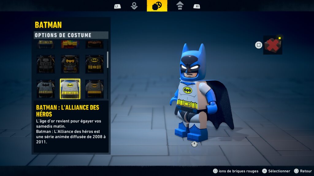Lego Batman costume obtenir heritage legacy dark night soluce guide solution astuce jeu alliance