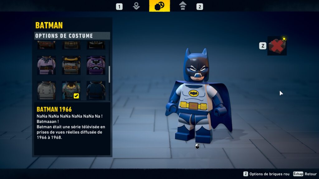 Lego Batman costume obtenir heritage legacy dark night soluce guide solution astuce jeu 1966