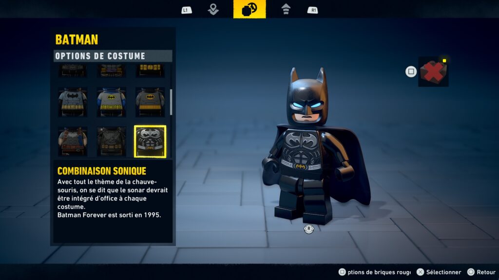 Lego Batman costume obtenir heritage legacy dark night soluce guide solution astuce jeu sonique