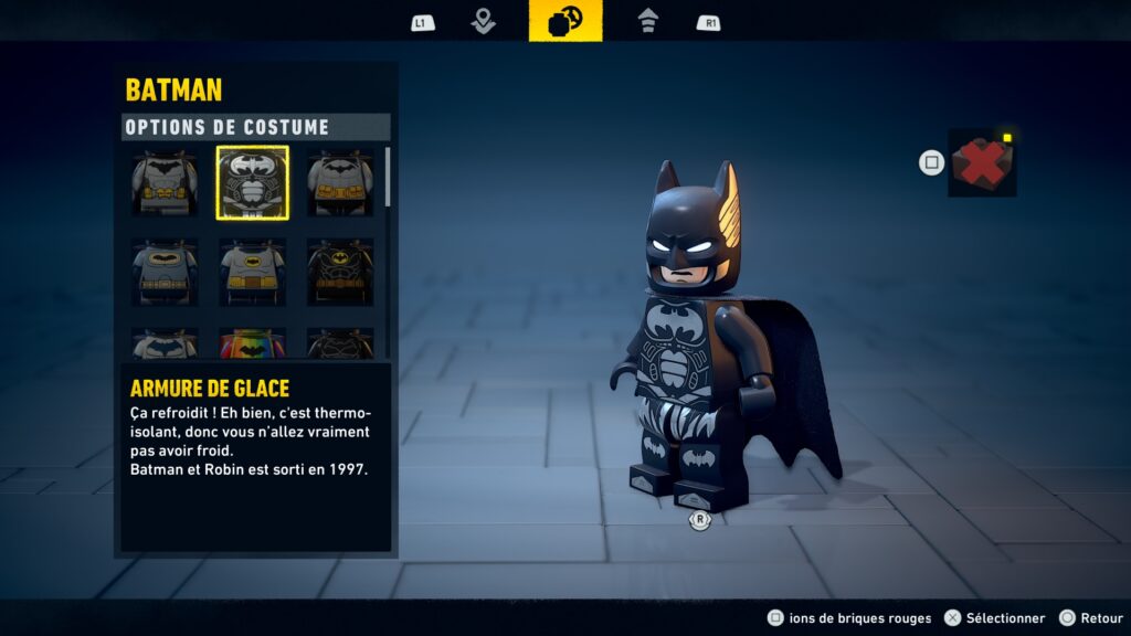Lego Batman costume obtenir heritage legacy dark night soluce guide solution astuce jeu glace