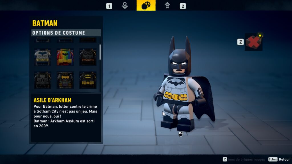 Lego Batman costume obtenir heritage legacy dark night soluce guide solution astuce jeu asile