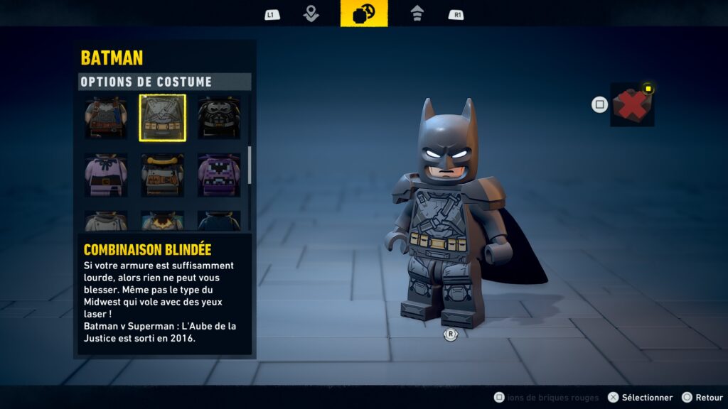 Lego Batman costume obtenir heritage legacy dark night soluce guide solution astuce jeu blindee
