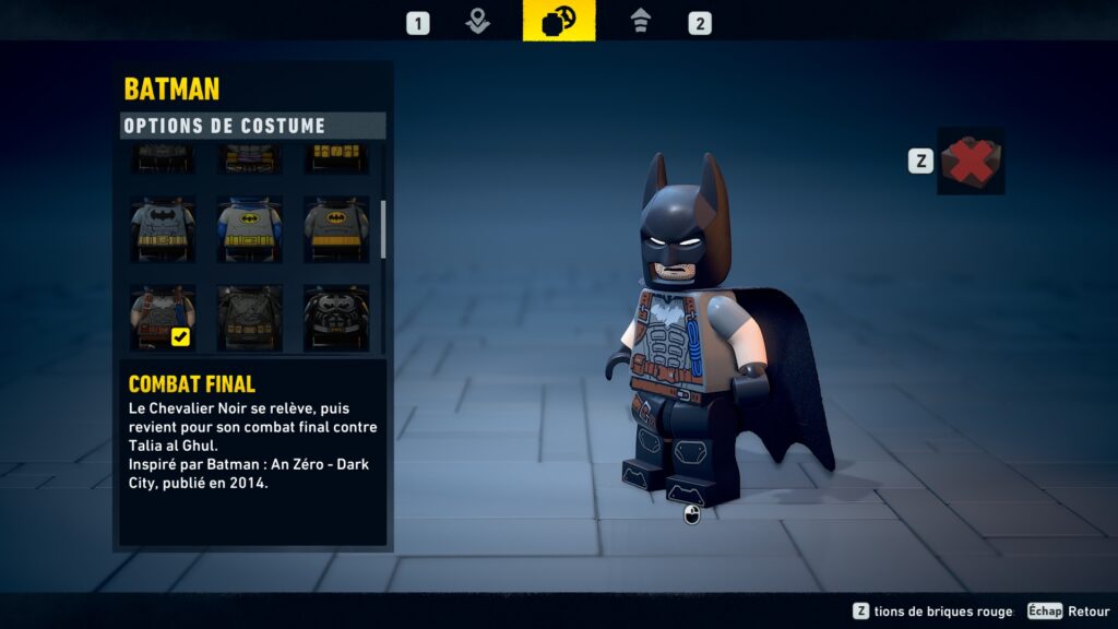 Lego Batman costume obtenir heritage legacy dark night soluce guide solution astuce jeu final