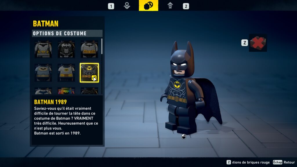 Lego Batman costume obtenir heritage legacy dark night soluce guide solution astuce jeu 1989