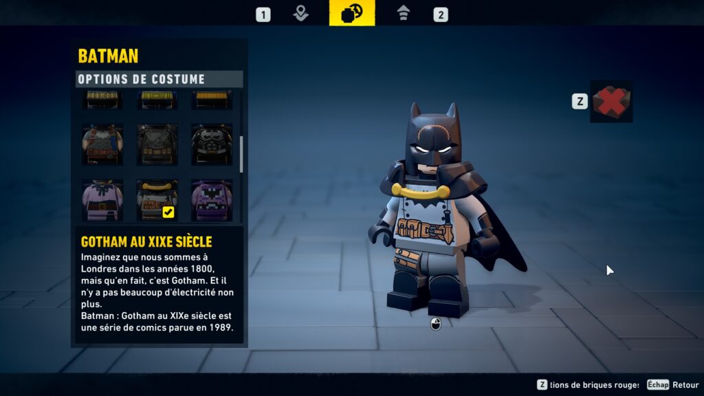 Lego Batman costume obtenir heritage legacy dark night soluce guide solution astuce jeu xix siecle