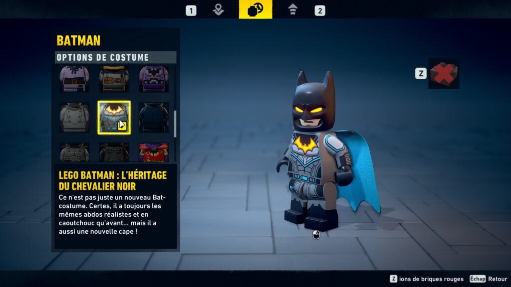 Lego Batman costume obtenir heritage legacy dark night soluce guide solution astuce jeu