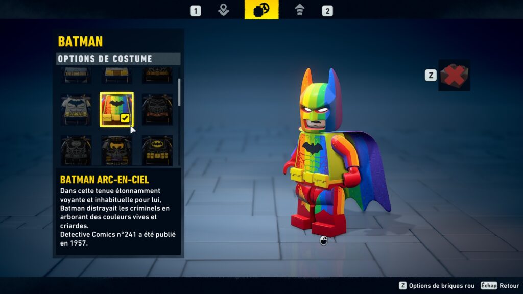 Lego Batman costume obtenir heritage legacy dark night soluce guide solution astuce jeu arc