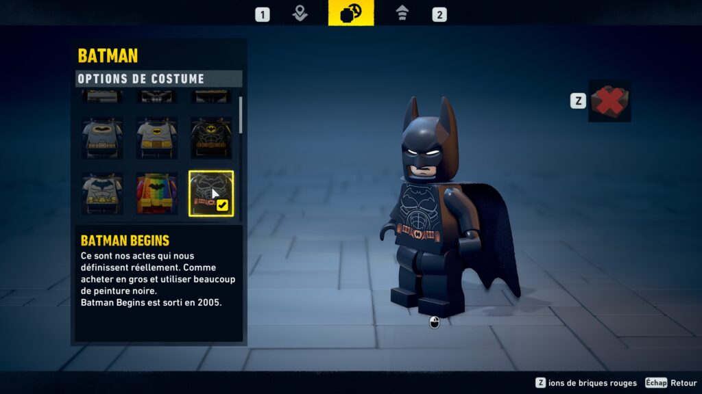 Lego Batman costume obtenir heritage legacy dark night soluce guide solution astuce jeu begins