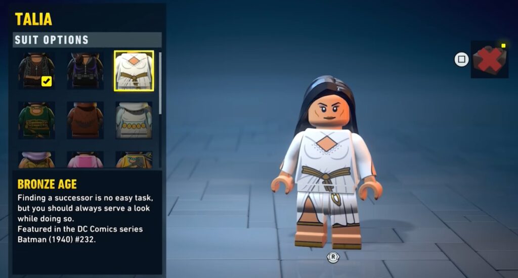 lego batman heritage legacy costume guide soluce solution astuce pc xbox ps5 switch talia