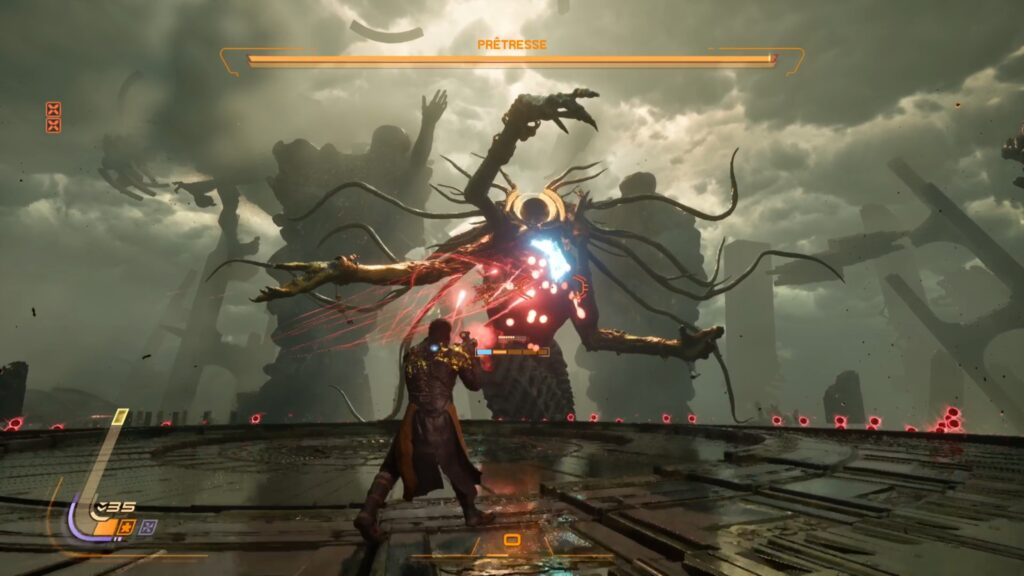 saros pretresse boss technique build arme soluce solution guide fr ps5