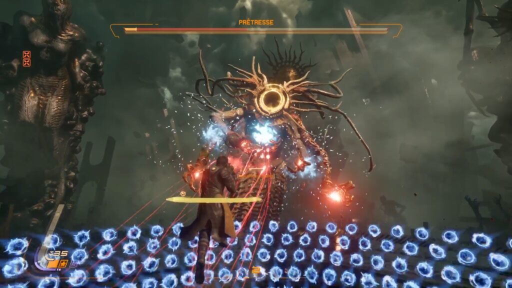 saros pretresse boss technique build arme soluce solution guide fr ps5